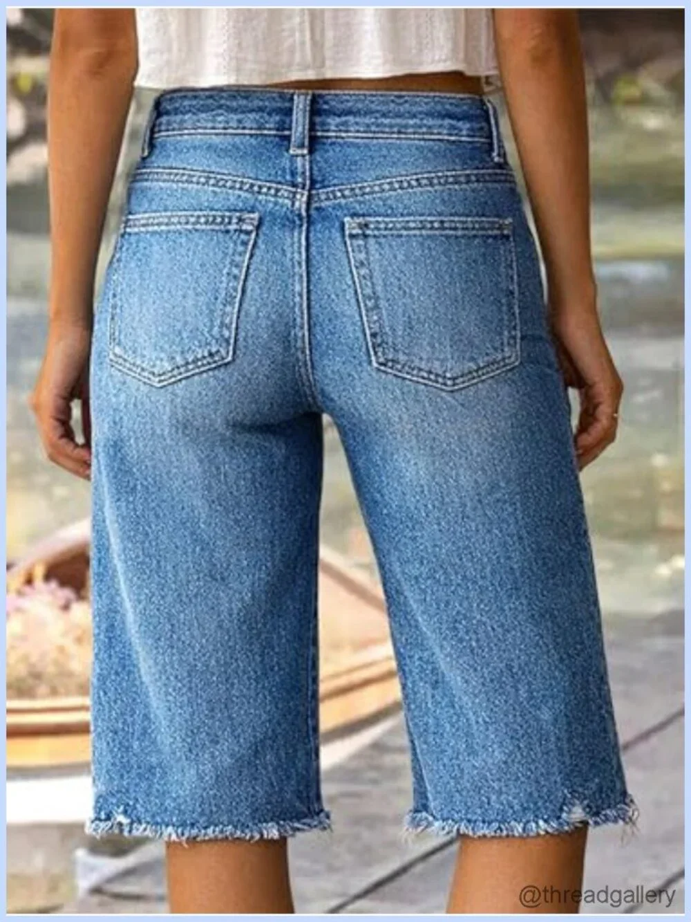 Mid Rise Straight Leg Bermuda Drawstring Denim Shorts High Stretch Raw Hem